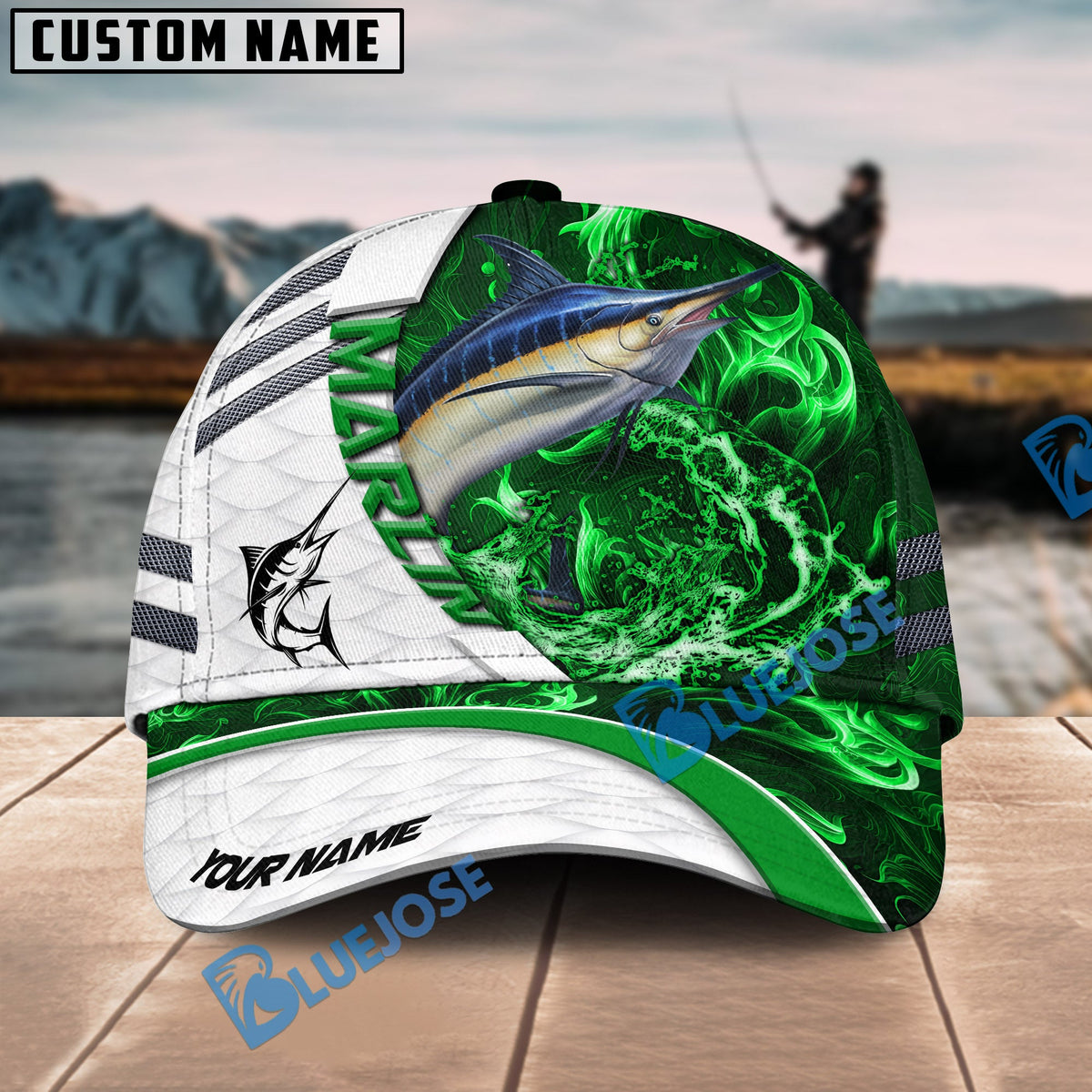 BlueJose Fishing White Green Lava Sport Personalized Name Classic 3D Cap Personalized Cap (13 Breeds)