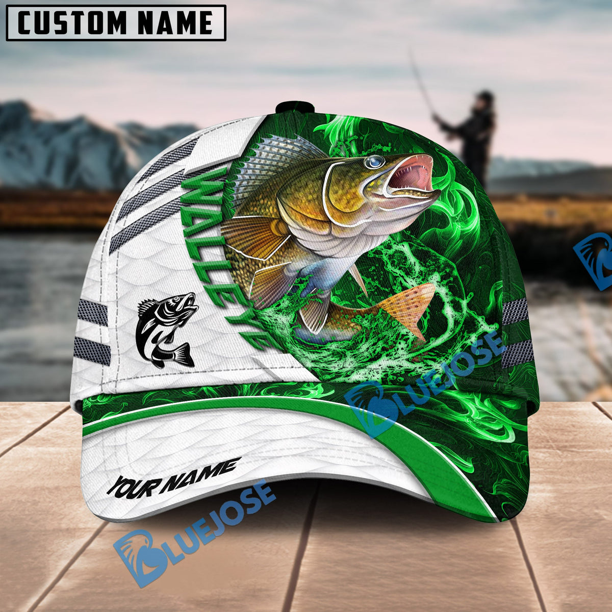 BlueJose Fishing White Green Lava Sport Personalized Name Classic 3D Cap Personalized Cap (13 Breeds)