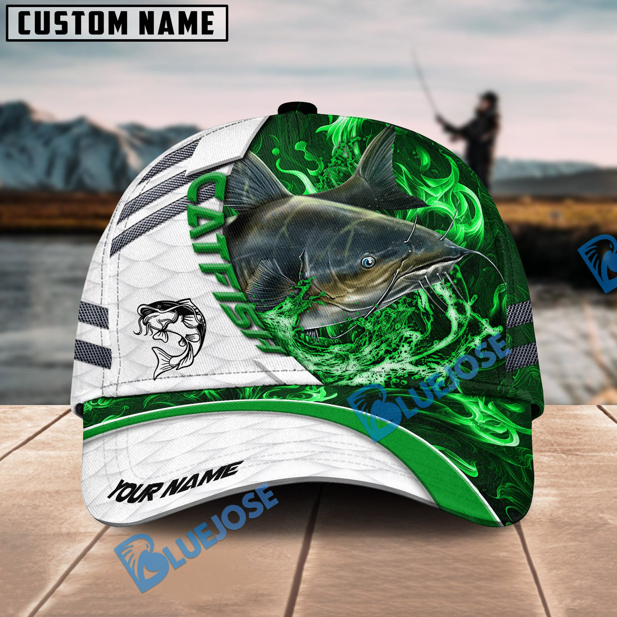 BlueJose Fishing White Green Lava Sport Personalized Name Classic 3D Cap Personalized Cap (13 Breeds)