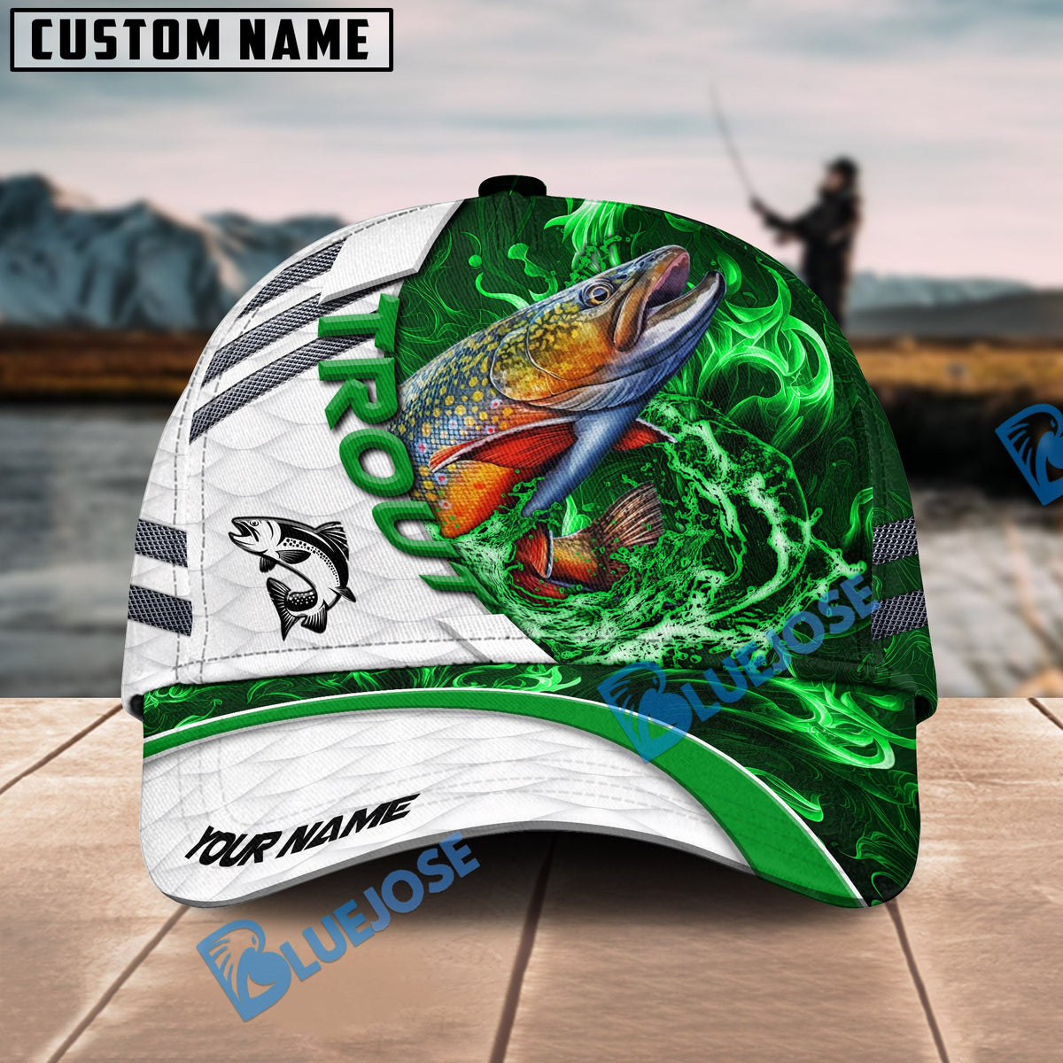 BlueJose Fishing White Green Lava Sport Personalized Name Classic 3D Cap Personalized Cap (13 Breeds)
