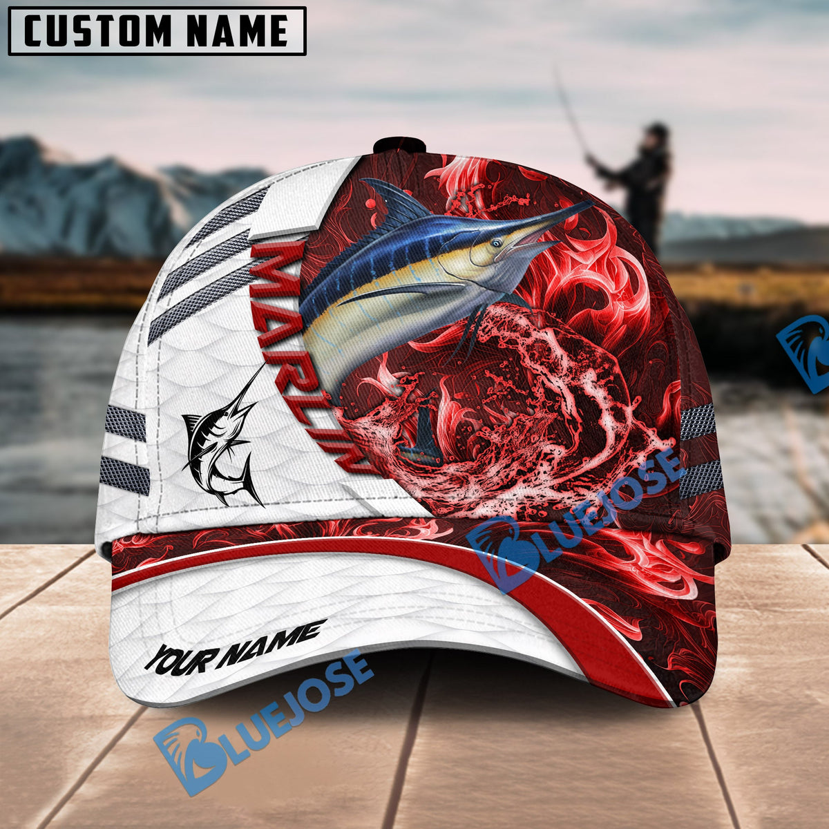 BlueJose Fishing White Red Lava Sport Personalized Name Classic 3D Cap Personalized Cap (13 Breeds)