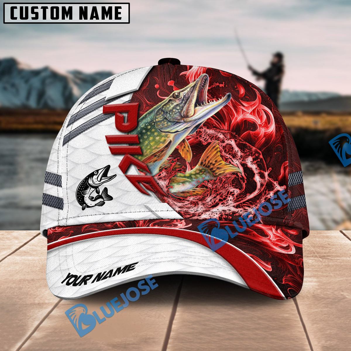 BlueJose Fishing White Red Lava Sport Personalized Name Classic 3D Cap Personalized Cap (13 Breeds)