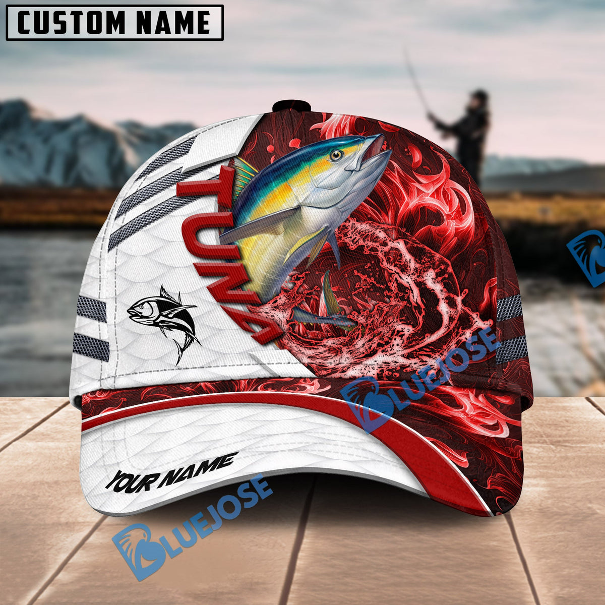 BlueJose Fishing White Red Lava Sport Personalized Name Classic 3D Cap Personalized Cap (13 Breeds)