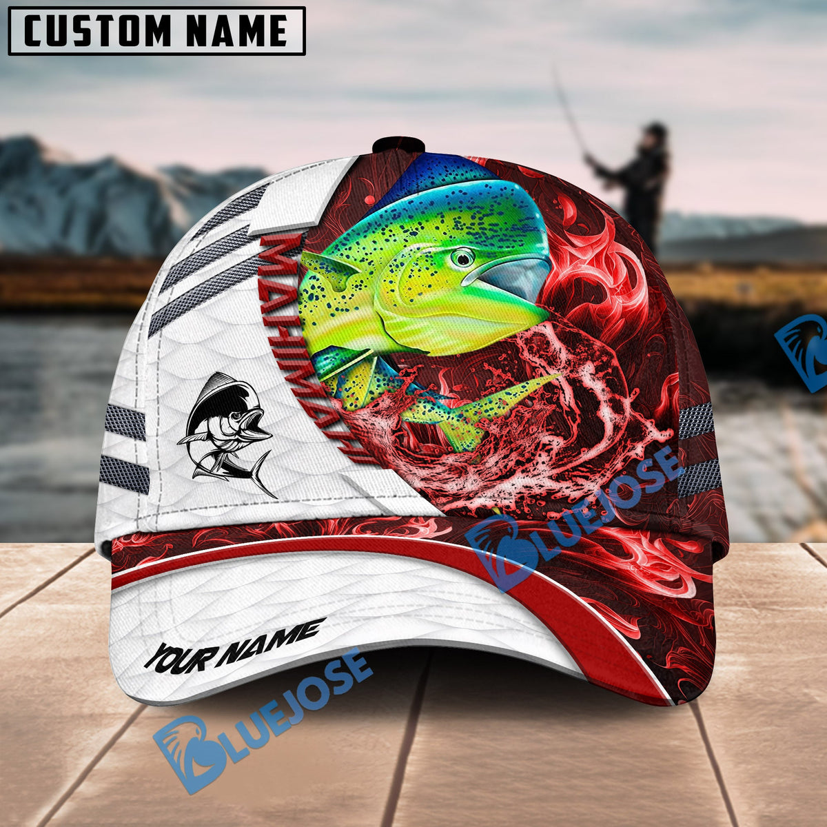BlueJose Fishing White Red Lava Sport Personalized Name Classic 3D Cap Personalized Cap (13 Breeds)