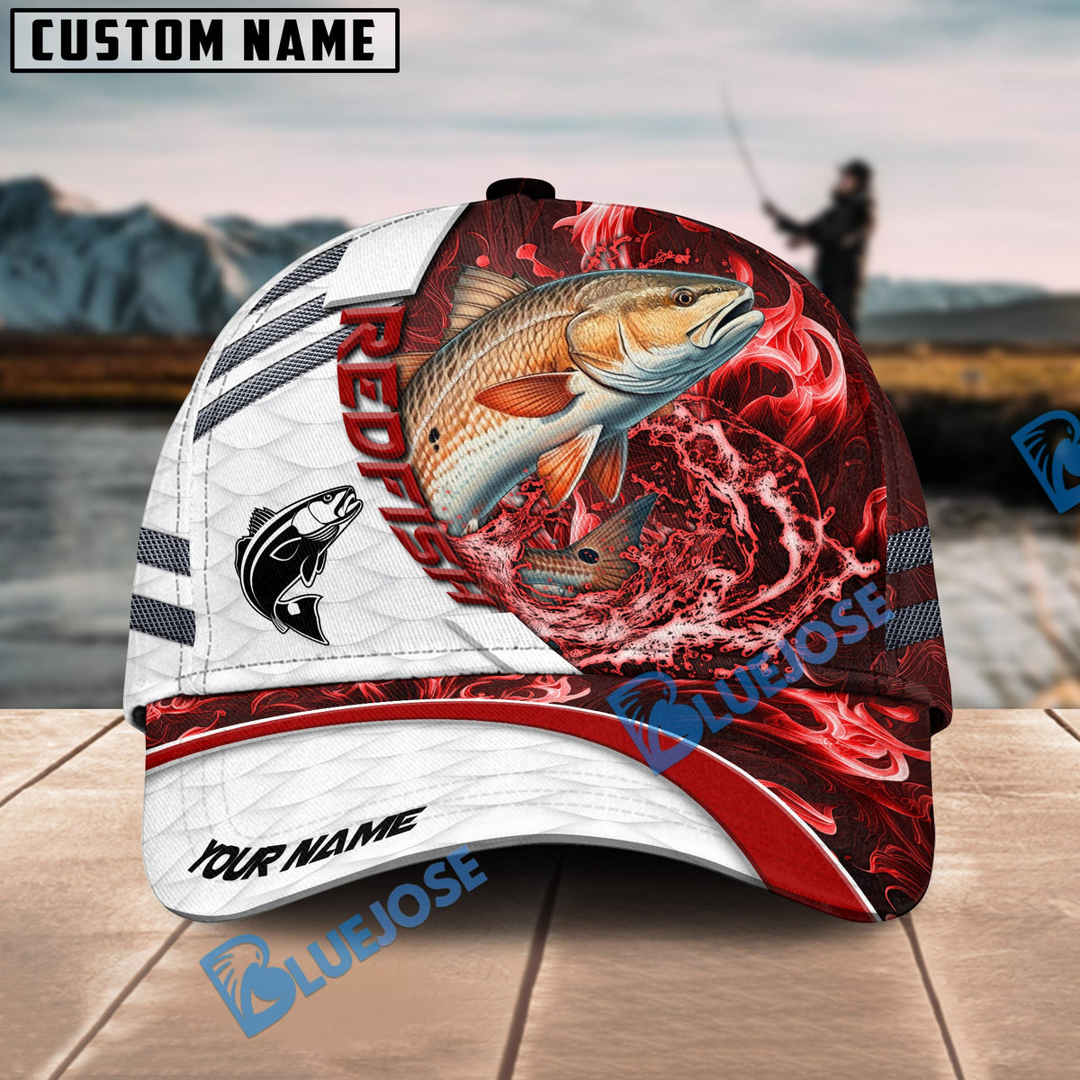 BlueJose Fishing White Red Lava Sport Personalized Name Classic 3D Cap Personalized Cap (13 Breeds)
