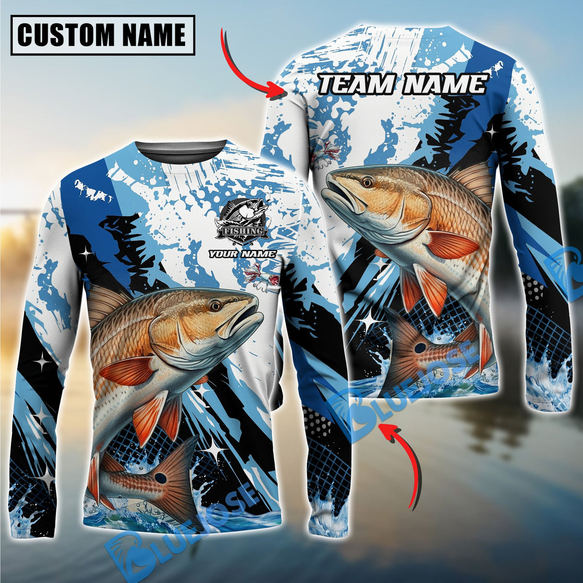 BlueJose Fishing Blue Slash Graphic Design Custom Name & Team Name 3D Shirts (12 Breeds)