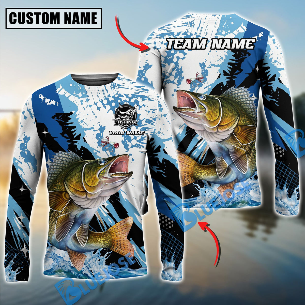 BlueJose Fishing Blue Slash Graphic Design Custom Name & Team Name 3D Shirts (12 Breeds)