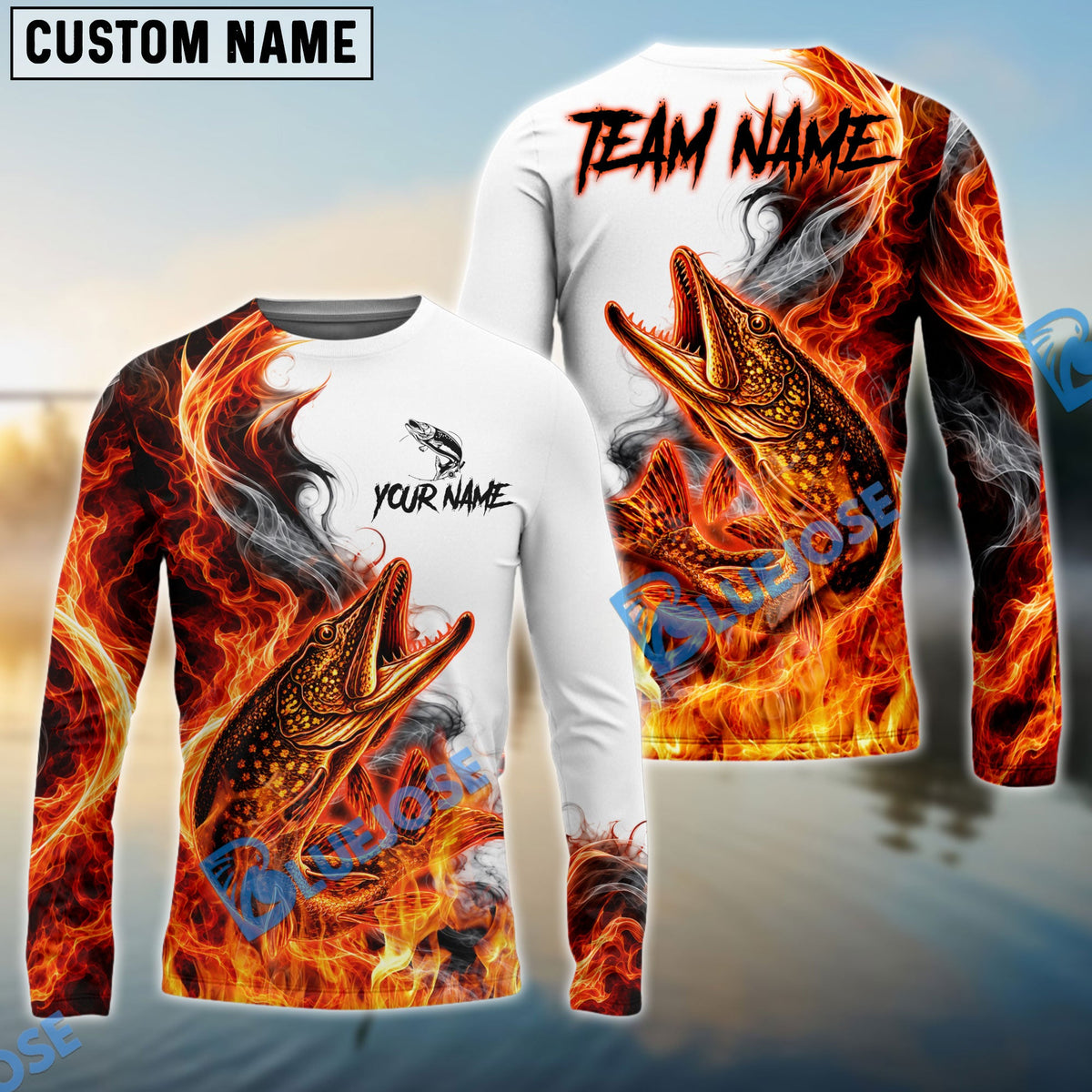 BlueJose Fishing Red Fire Flame Smoke Design Custom Name & Team Name 3D Shirts (12 Breeds)