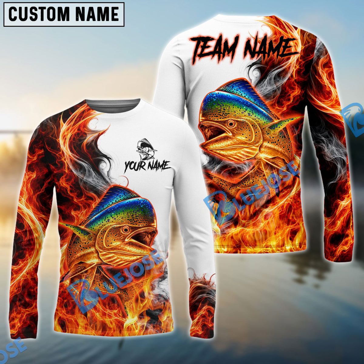 BlueJose Fishing Red Fire Flame Smoke Design Custom Name & Team Name 3D Shirts (12 Breeds)