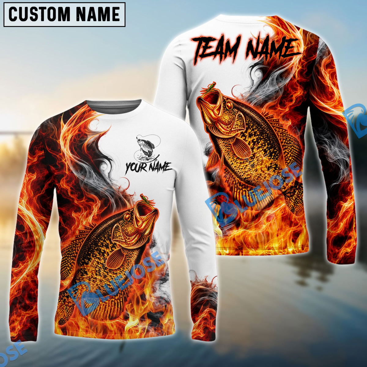 BlueJose Fishing Red Fire Flame Smoke Design Custom Name & Team Name 3D Shirts (12 Breeds)