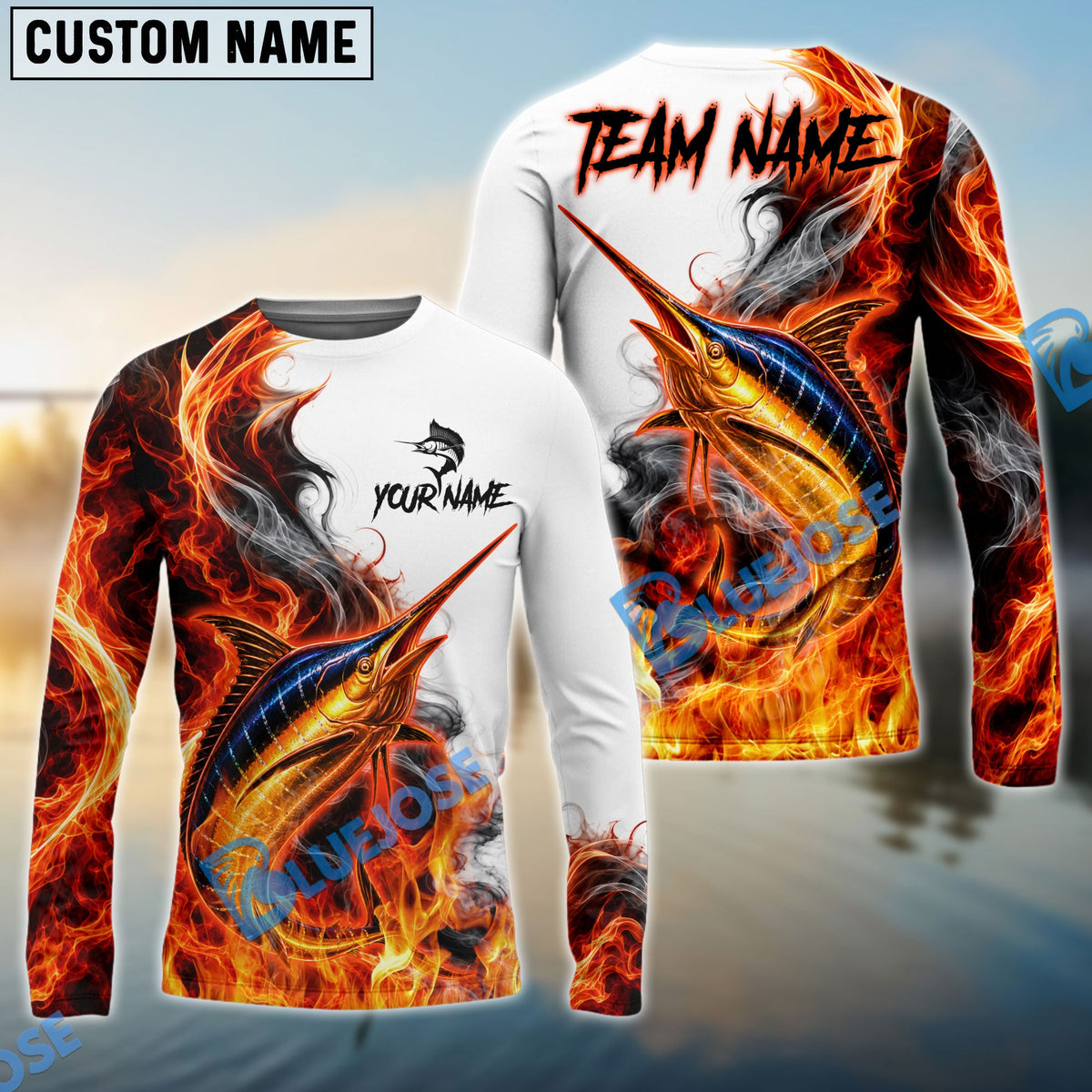 BlueJose Fishing Red Fire Flame Smoke Design Custom Name & Team Name 3D Shirts (12 Breeds)
