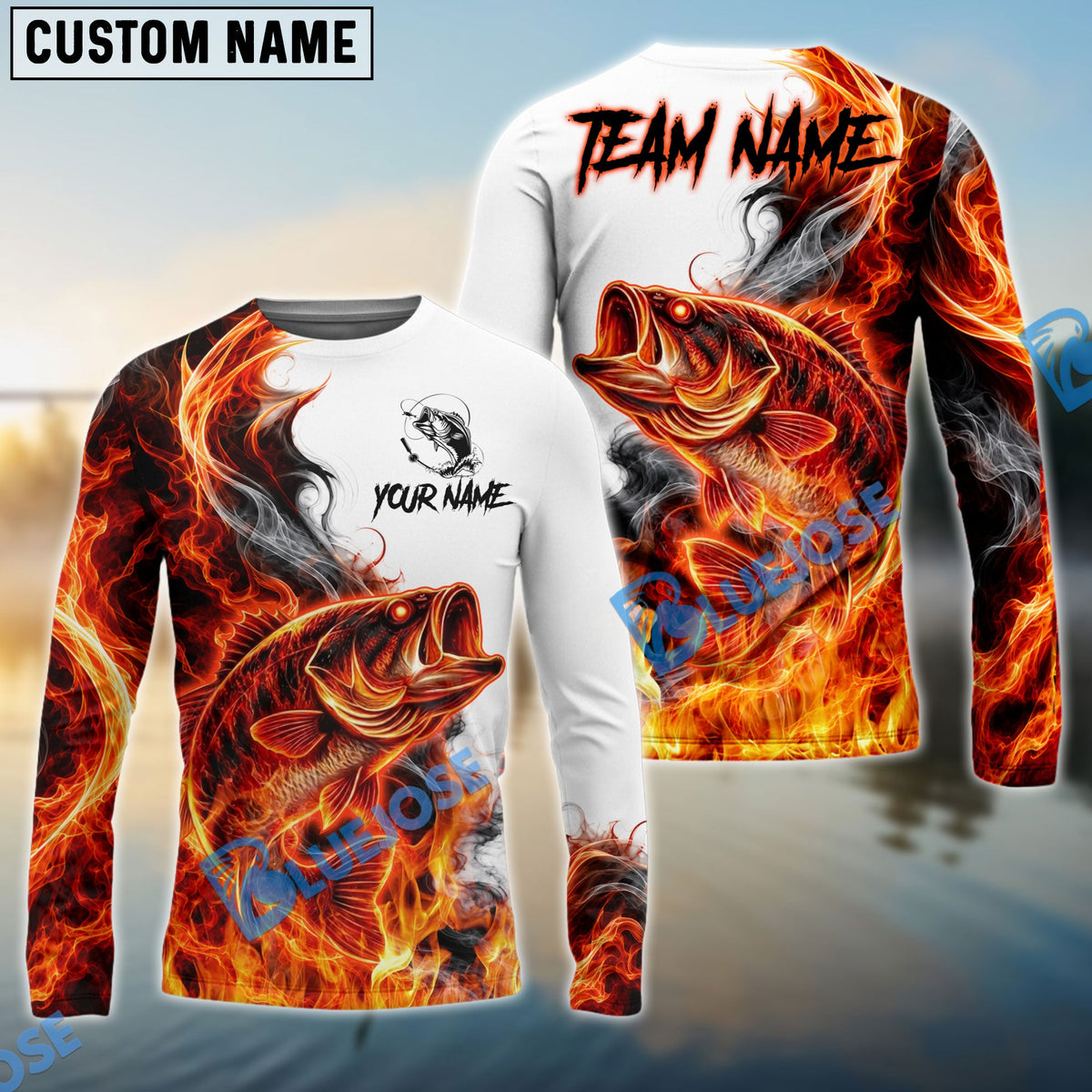 BlueJose Fishing Red Fire Flame Smoke Design Custom Name & Team Name 3D Shirts (12 Breeds)