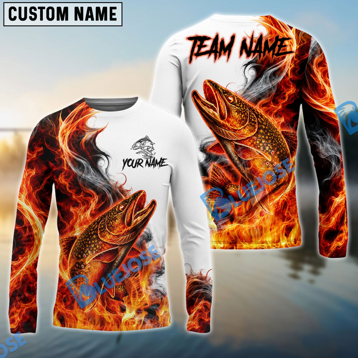 BlueJose Fishing Red Fire Flame Smoke Design Custom Name & Team Name 3D Shirts (12 Breeds)
