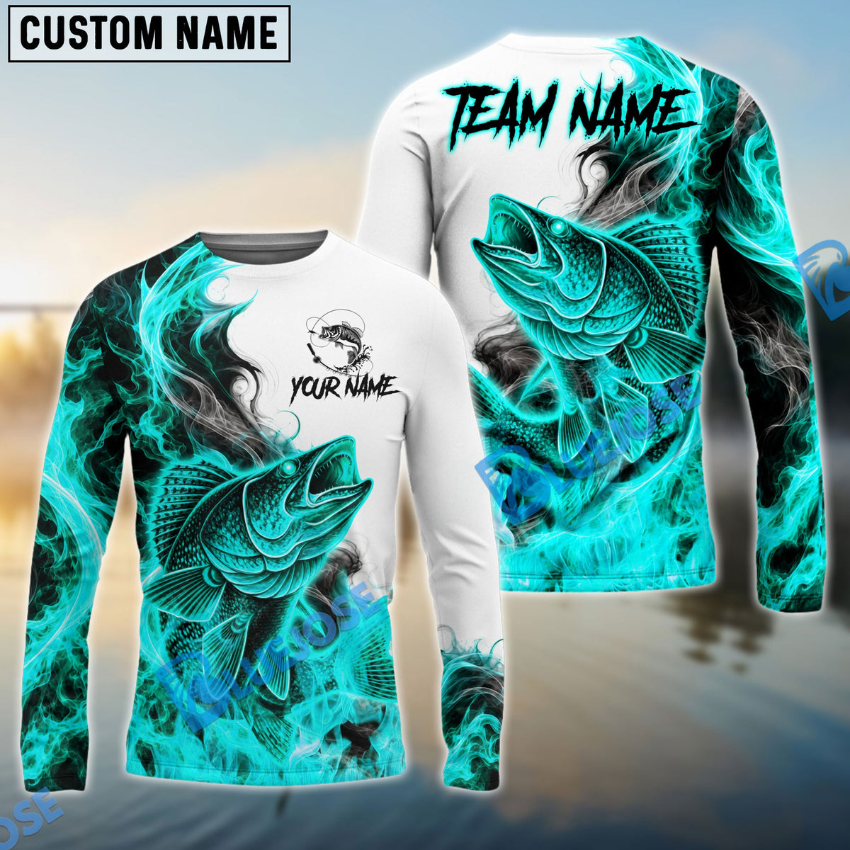 BlueJose Fishing Cyan Fire Flame Smoke Design Custom Name & Team Name 3D Shirts (12 Breeds)