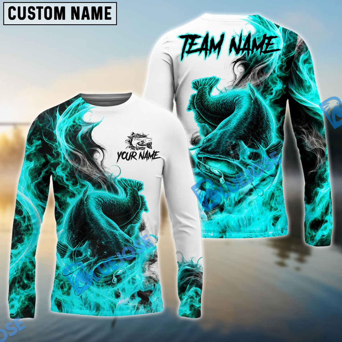 BlueJose Fishing Cyan Fire Flame Smoke Design Custom Name & Team Name 3D Shirts (12 Breeds)