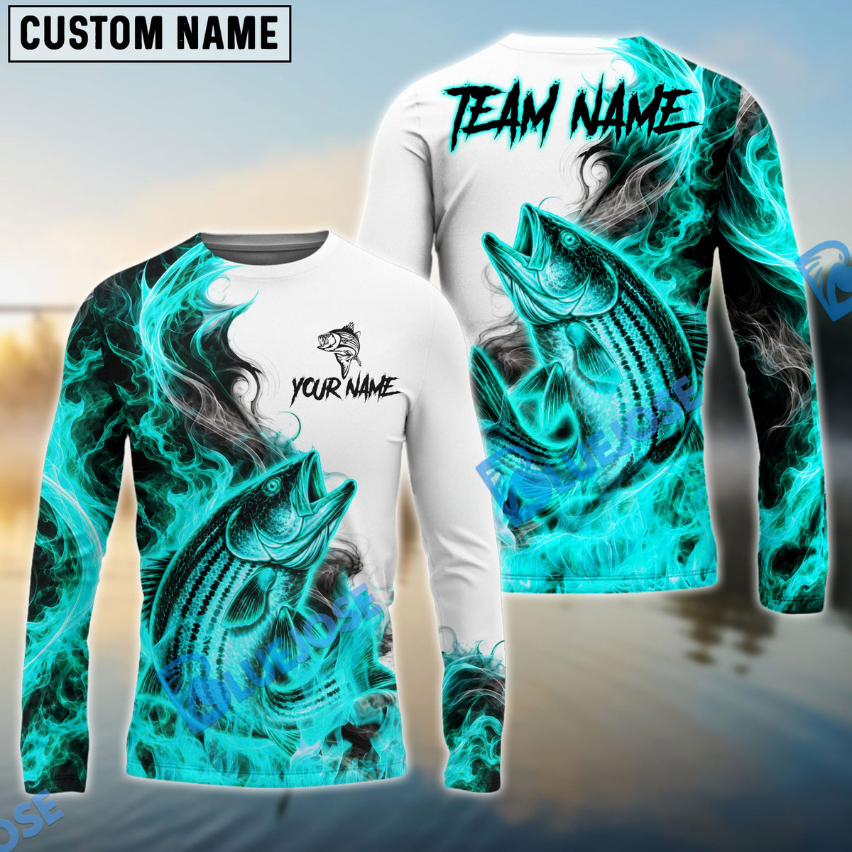 BlueJose Fishing Cyan Fire Flame Smoke Design Custom Name & Team Name 3D Shirts (12 Breeds)