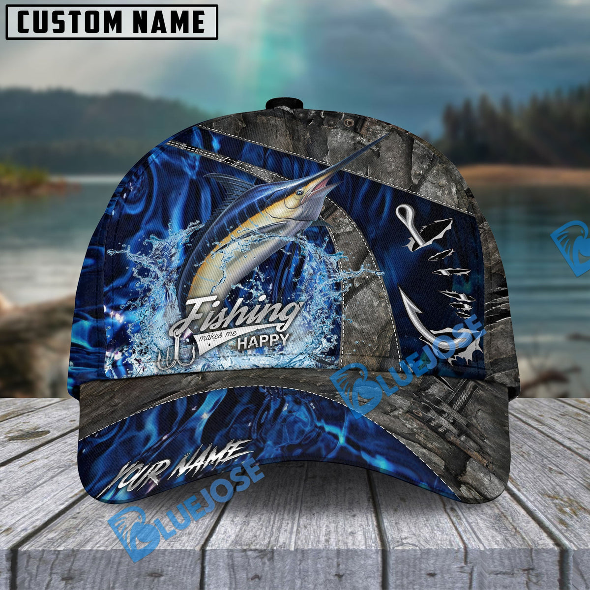 BlueJose Fishing Water Splash Camo Happy Personalized Name Classic 3D Cap Personalized Cap (13 Breeds)