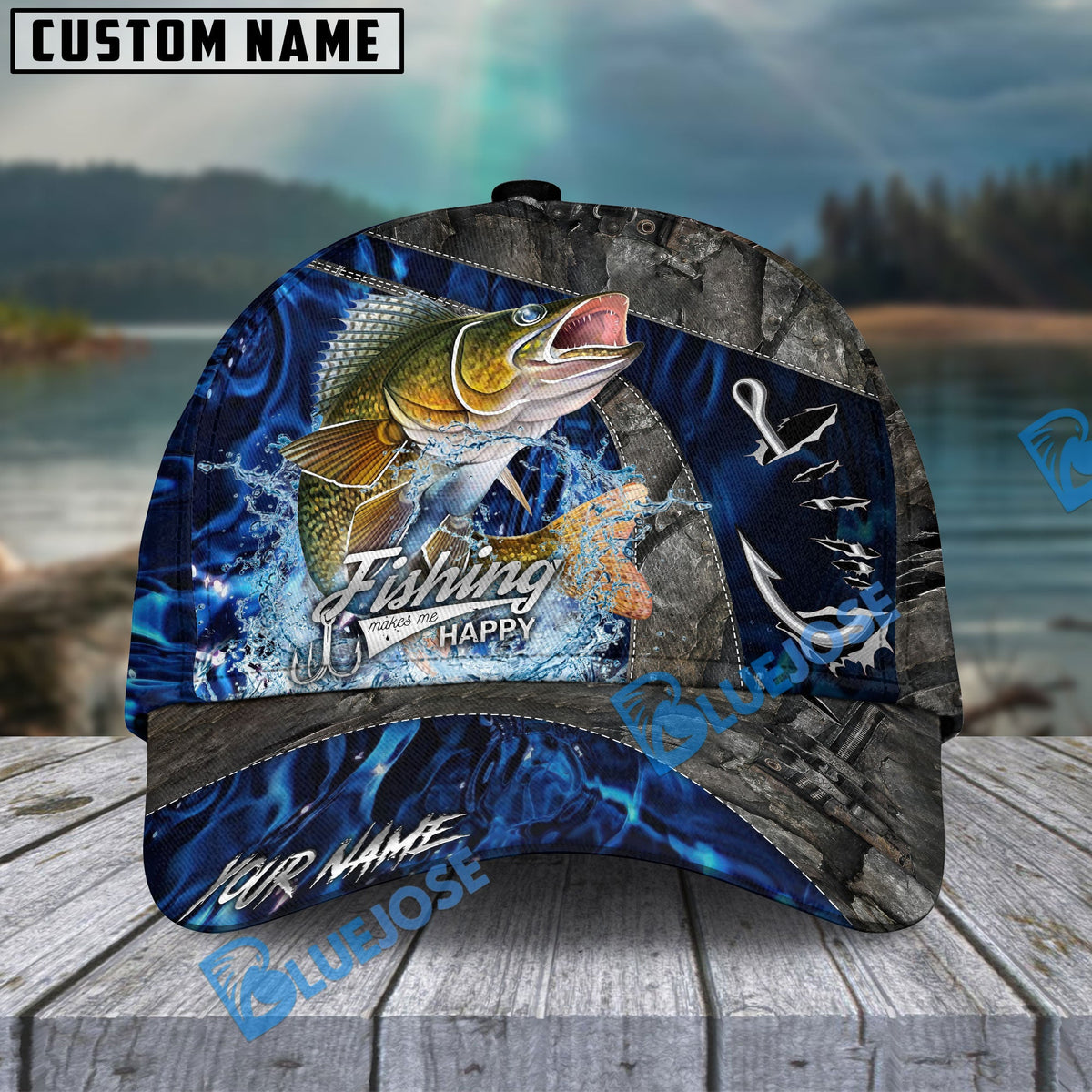 BlueJose Fishing Water Splash Camo Happy Personalized Name Classic 3D Cap Personalized Cap (13 Breeds)