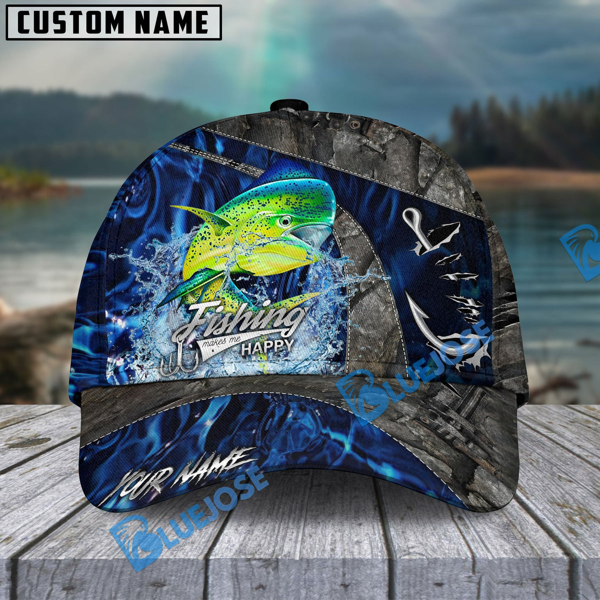 BlueJose Fishing Water Splash Camo Happy Personalized Name Classic 3D Cap Personalized Cap (13 Breeds)