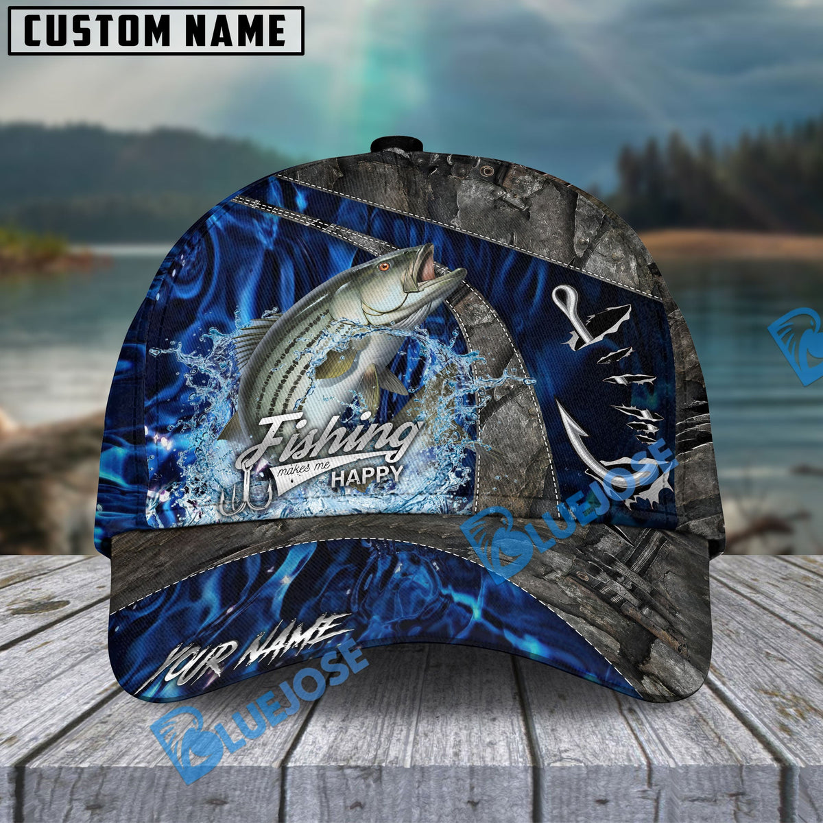 BlueJose Fishing Water Splash Camo Happy Personalized Name Classic 3D Cap Personalized Cap (13 Breeds)
