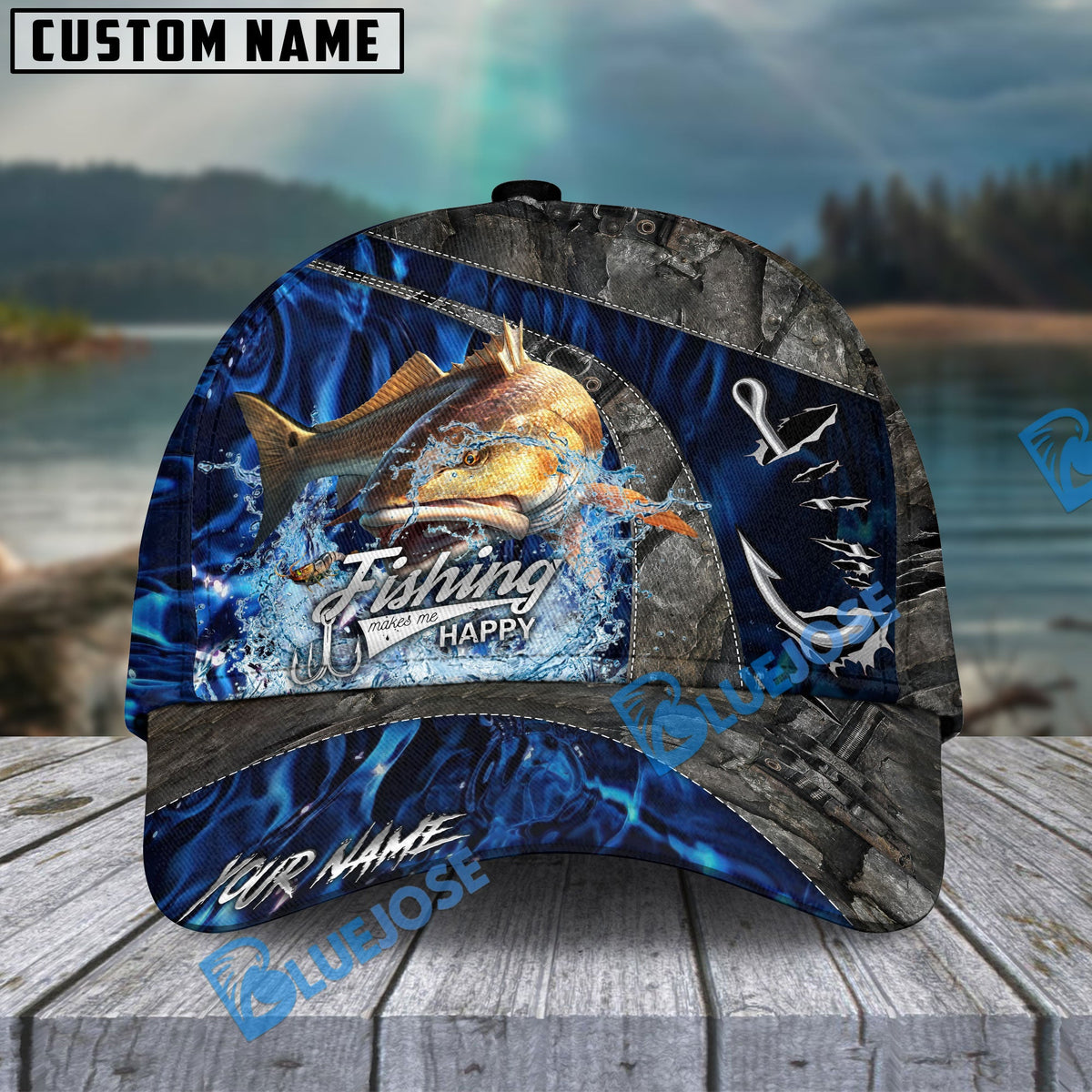 BlueJose Fishing Water Splash Camo Happy Personalized Name Classic 3D Cap Personalized Cap (13 Breeds)