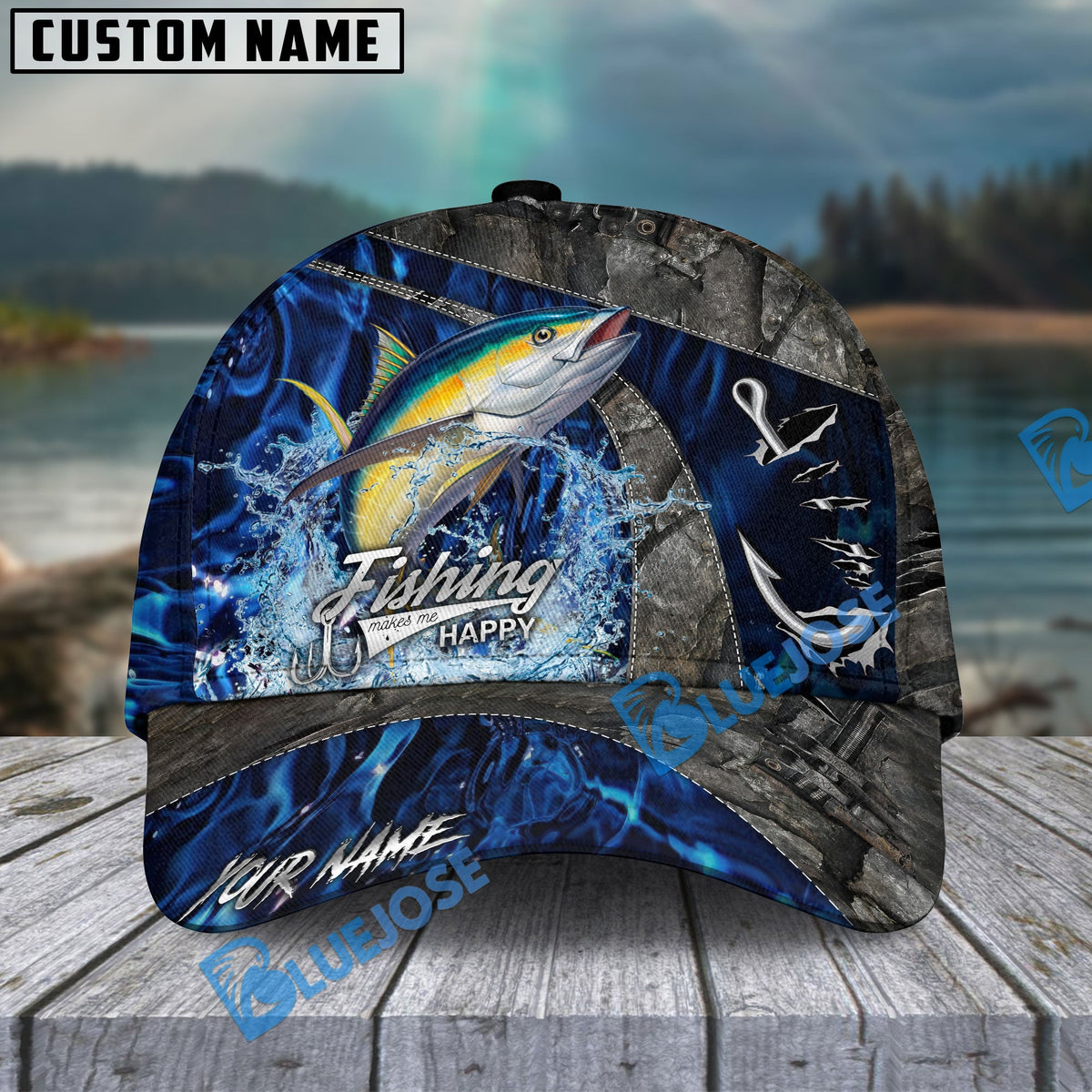 BlueJose Fishing Water Splash Camo Happy Personalized Name Classic 3D Cap Personalized Cap (13 Breeds)