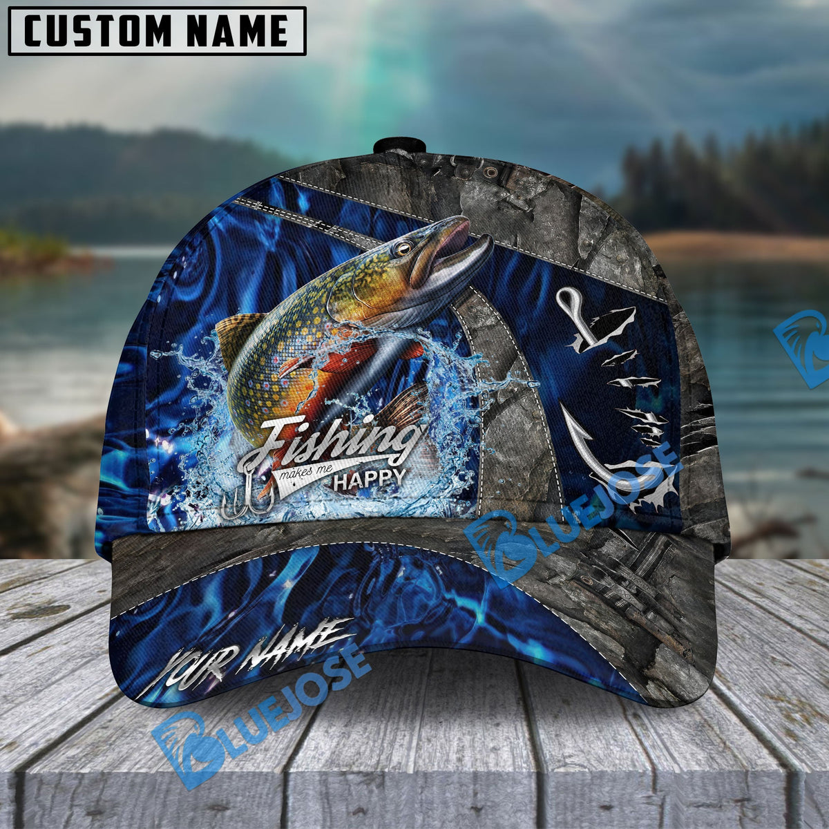 BlueJose Fishing Water Splash Camo Happy Personalized Name Classic 3D Cap Personalized Cap (13 Breeds)