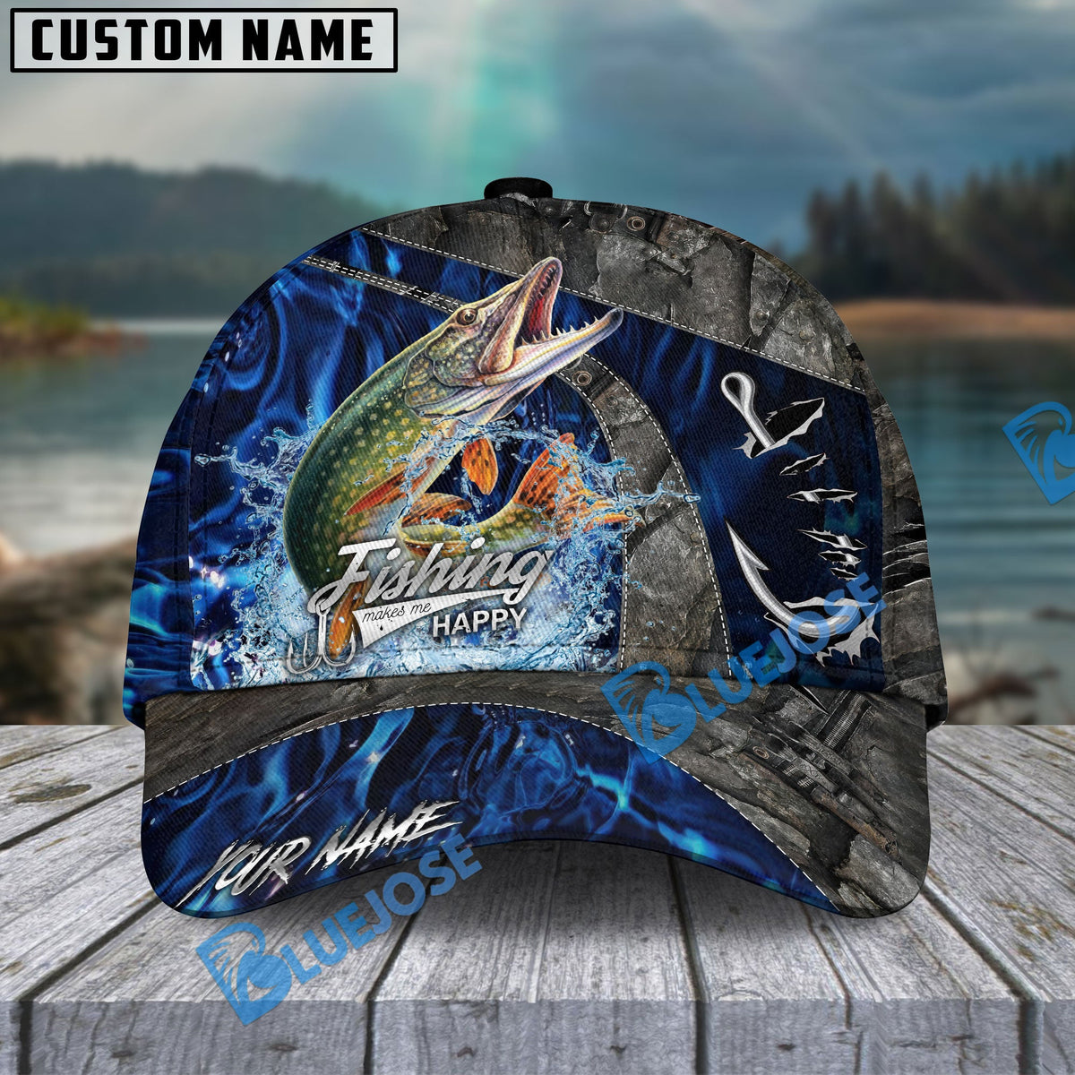 BlueJose Fishing Water Splash Camo Happy Personalized Name Classic 3D Cap Personalized Cap (13 Breeds)