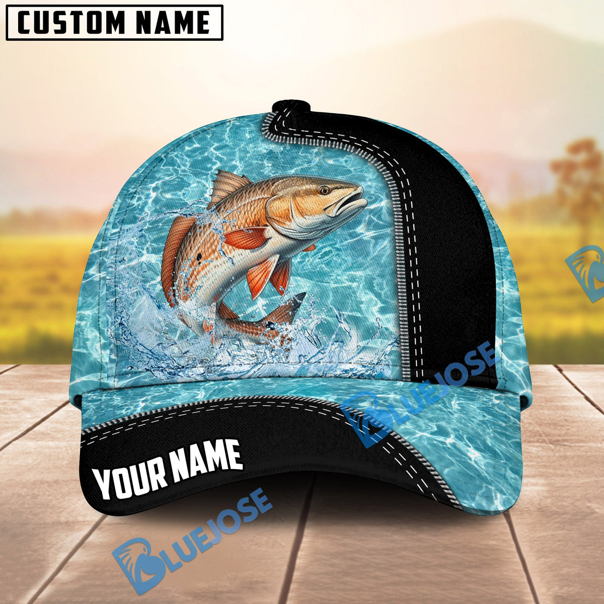 BlueJose Fishing Light Blue Water Texture Black Trim Personalized Name Classic 3D Cap Personalized Cap (13 Breeds)