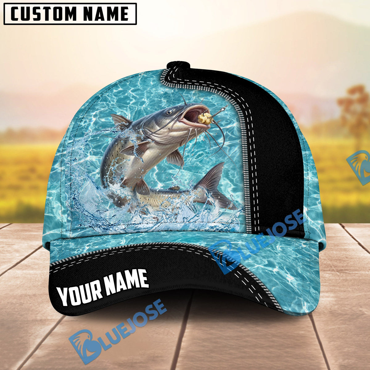 BlueJose Fishing Light Blue Water Texture Black Trim Personalized Name Classic 3D Cap Personalized Cap (13 Breeds)