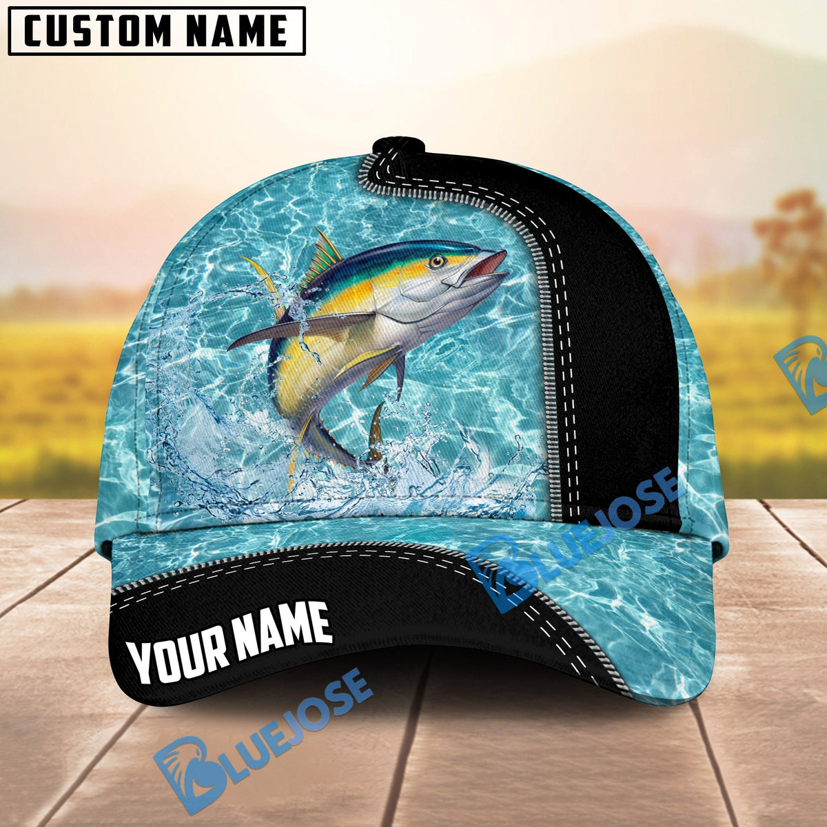 BlueJose Fishing Light Blue Water Texture Black Trim Personalized Name Classic 3D Cap Personalized Cap (13 Breeds)