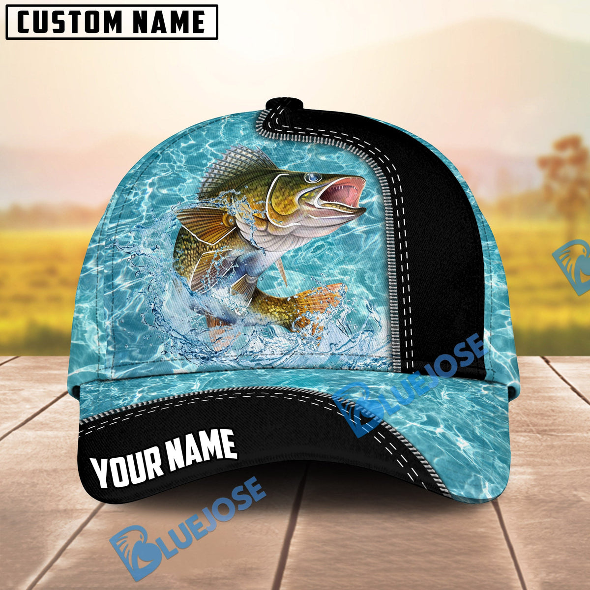 BlueJose Fishing Light Blue Water Texture Black Trim Personalized Name Classic 3D Cap Personalized Cap (13 Breeds)