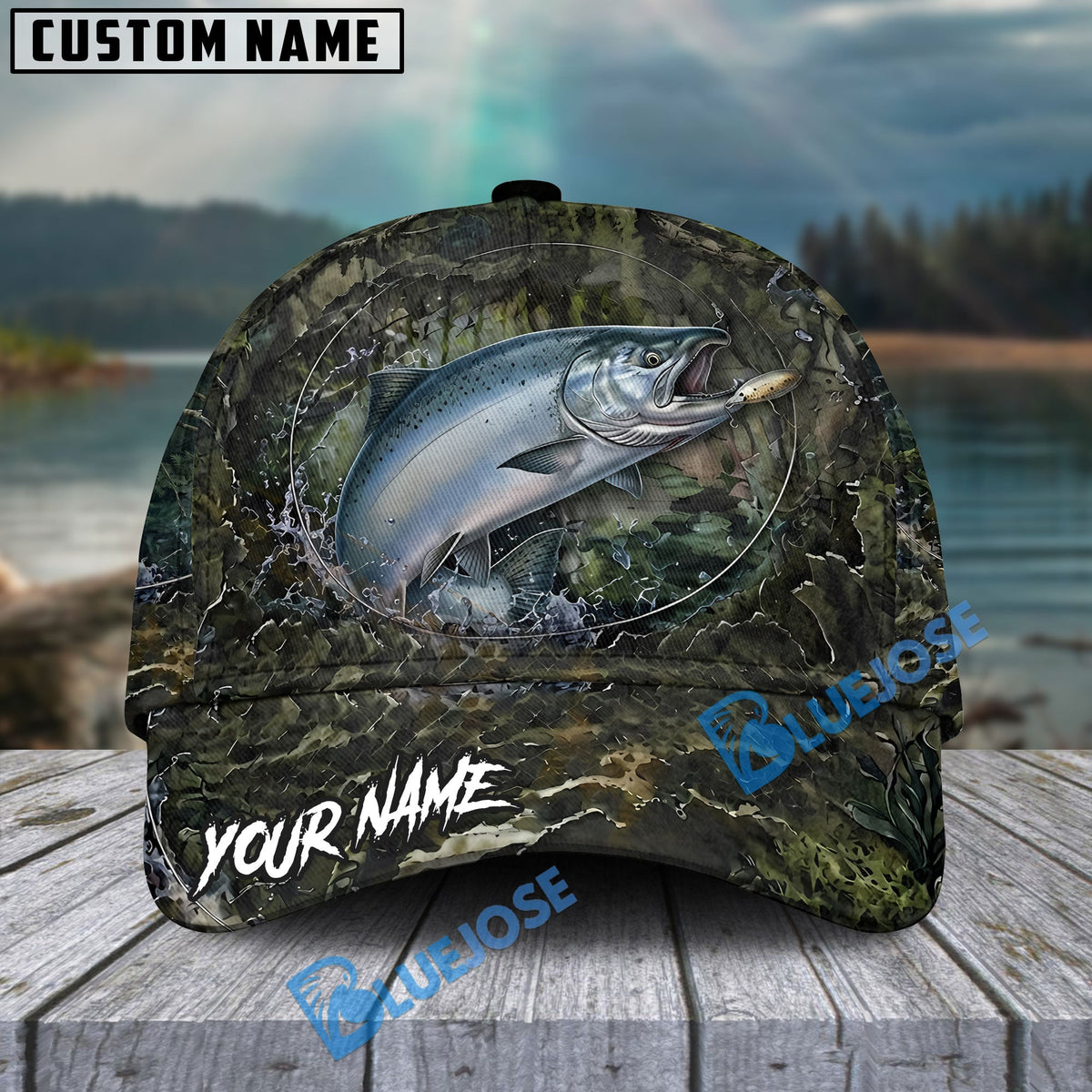 BlueJose Fishing Mossy Camo Water Ring Personalized Name Classic 3D Cap (13 Breeds)