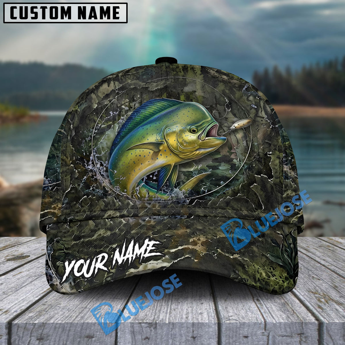 BlueJose Fishing Mossy Camo Water Ring Personalized Name Classic 3D Cap (13 Breeds)