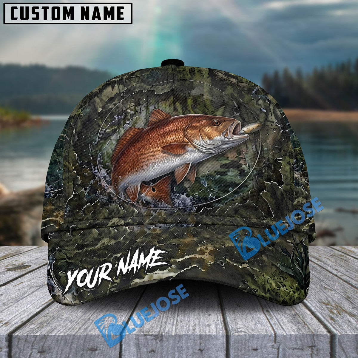 BlueJose Fishing Mossy Camo Water Ring Personalized Name Classic 3D Cap (13 Breeds)