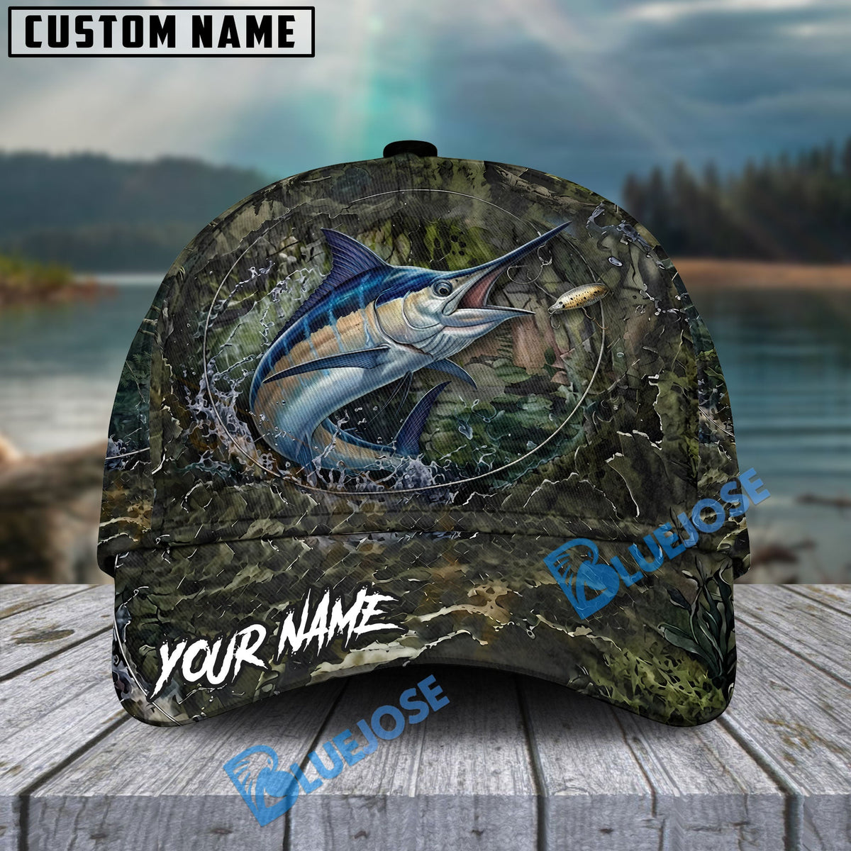 BlueJose Fishing Mossy Camo Water Ring Personalized Name Classic 3D Cap (13 Breeds)