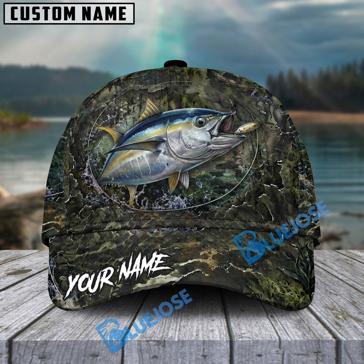 BlueJose Fishing Mossy Camo Water Ring Personalized Name Classic 3D Cap (13 Breeds)