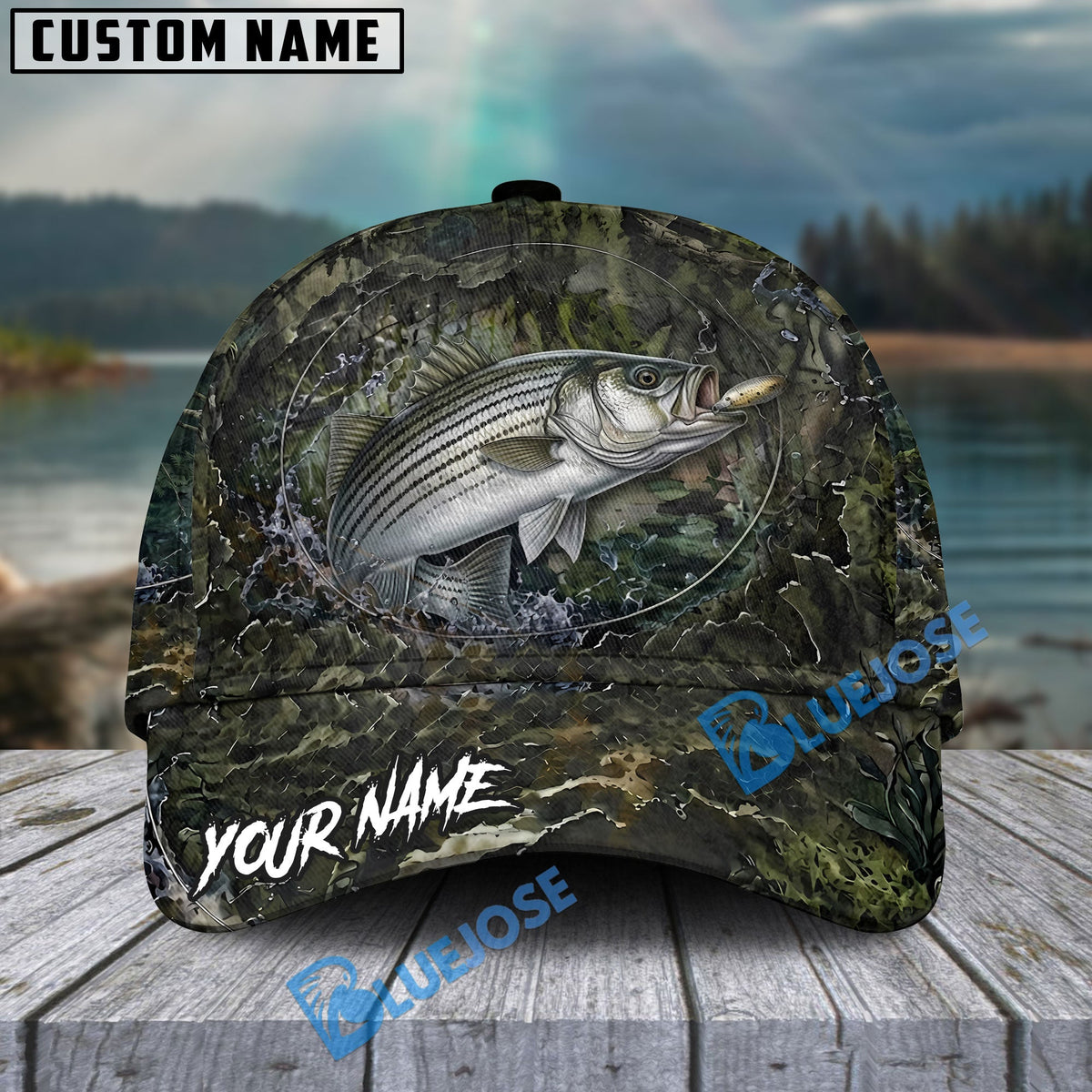 BlueJose Fishing Mossy Camo Water Ring Personalized Name Classic 3D Cap (13 Breeds)