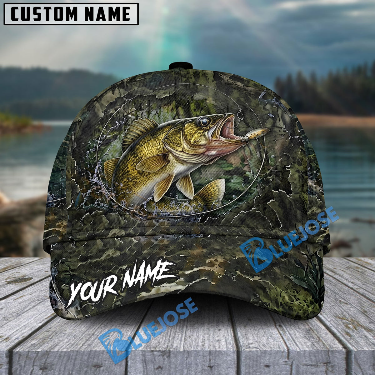 BlueJose Fishing Mossy Camo Water Ring Personalized Name Classic 3D Cap (13 Breeds)