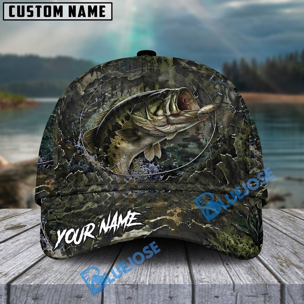 BlueJose Fishing Mossy Camo Water Ring Personalized Name Classic 3D Cap (13 Breeds)