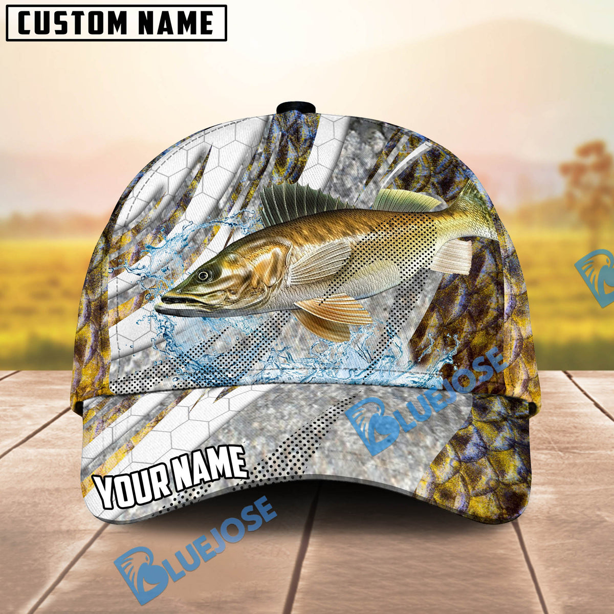 BlueJose Fishing Fish Scale Silver Stripe Personalized Name Classic 3D Cap (13 Breeds)