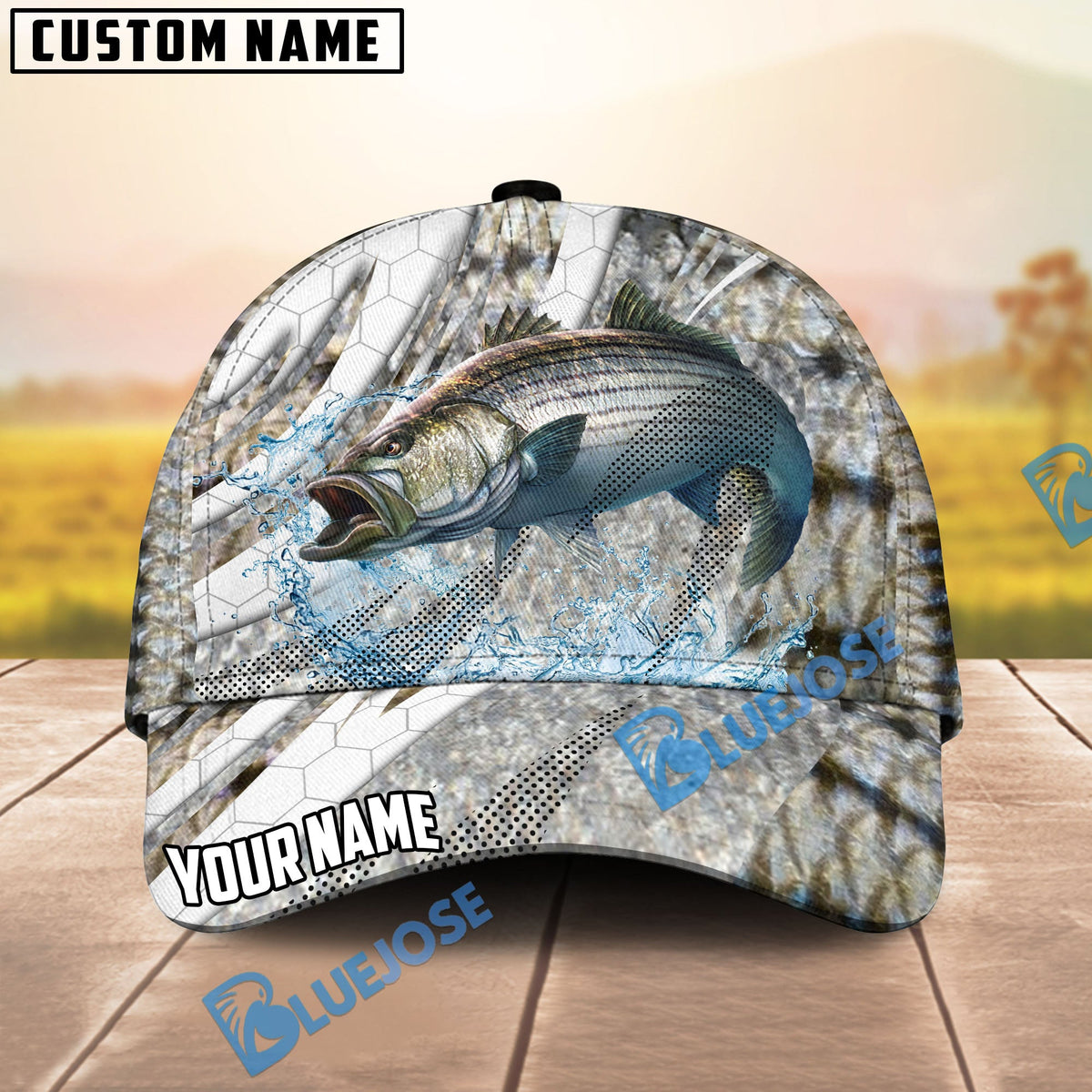 BlueJose Fishing Fish Scale Silver Stripe Personalized Name Classic 3D Cap (13 Breeds)