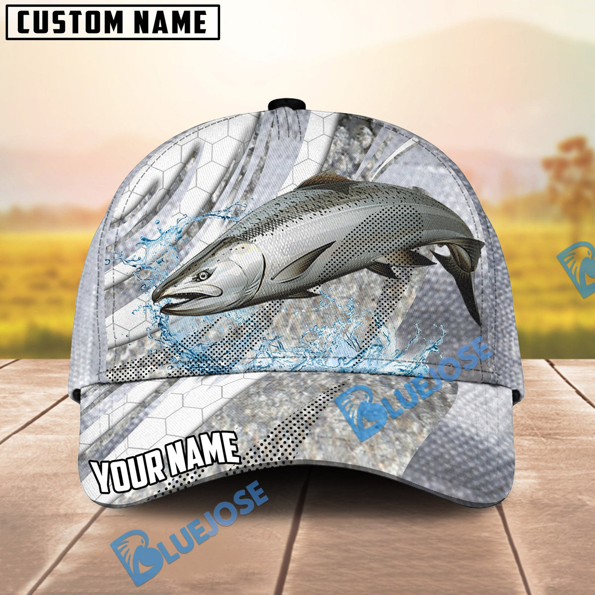 BlueJose Fishing Fish Scale Silver Stripe Personalized Name Classic 3D Cap (13 Breeds)