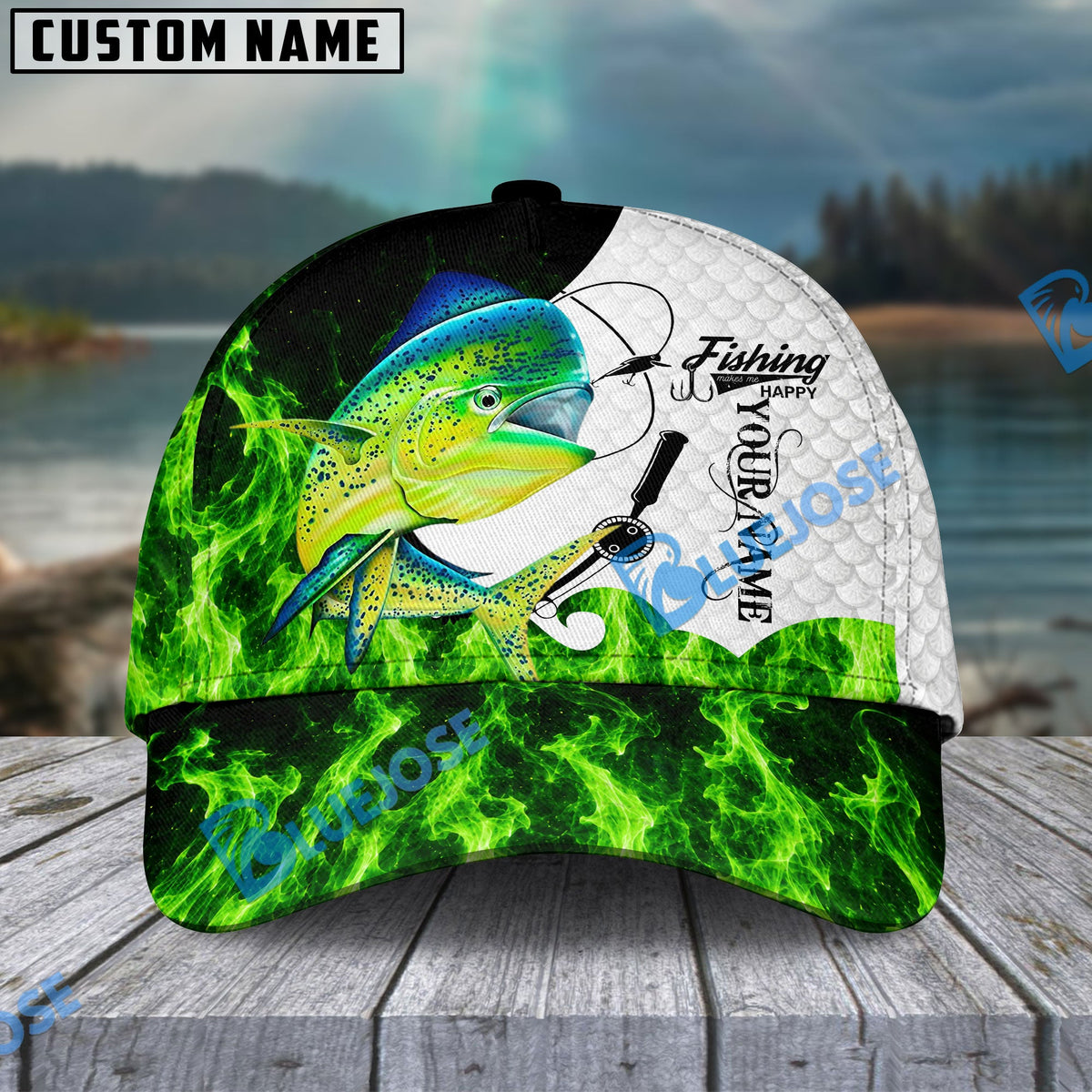 BlueJose Fishing Water Green Flame White Scale Personalized Name Classic 3D Cap (13 Breeds)