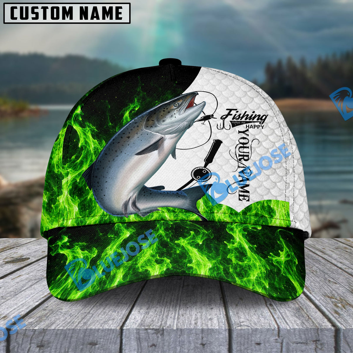 BlueJose Fishing Water Green Flame White Scale Personalized Name Classic 3D Cap (13 Breeds)