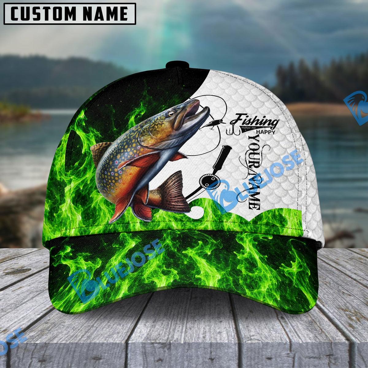 BlueJose Fishing Water Green Flame White Scale Personalized Name Classic 3D Cap (13 Breeds)