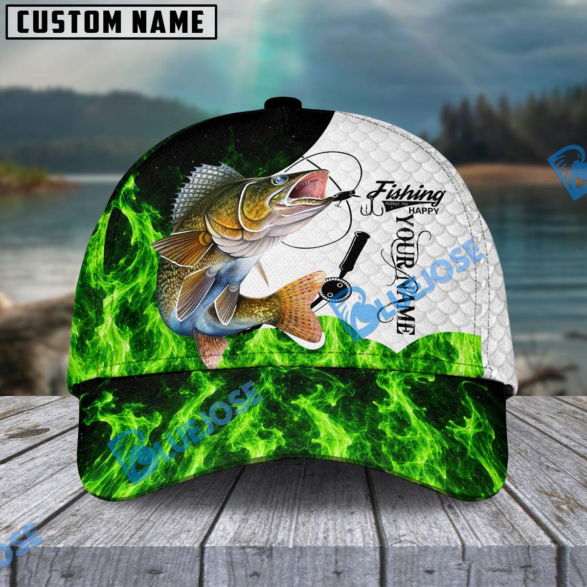 BlueJose Fishing Water Green Flame White Scale Personalized Name Classic 3D Cap (13 Breeds)