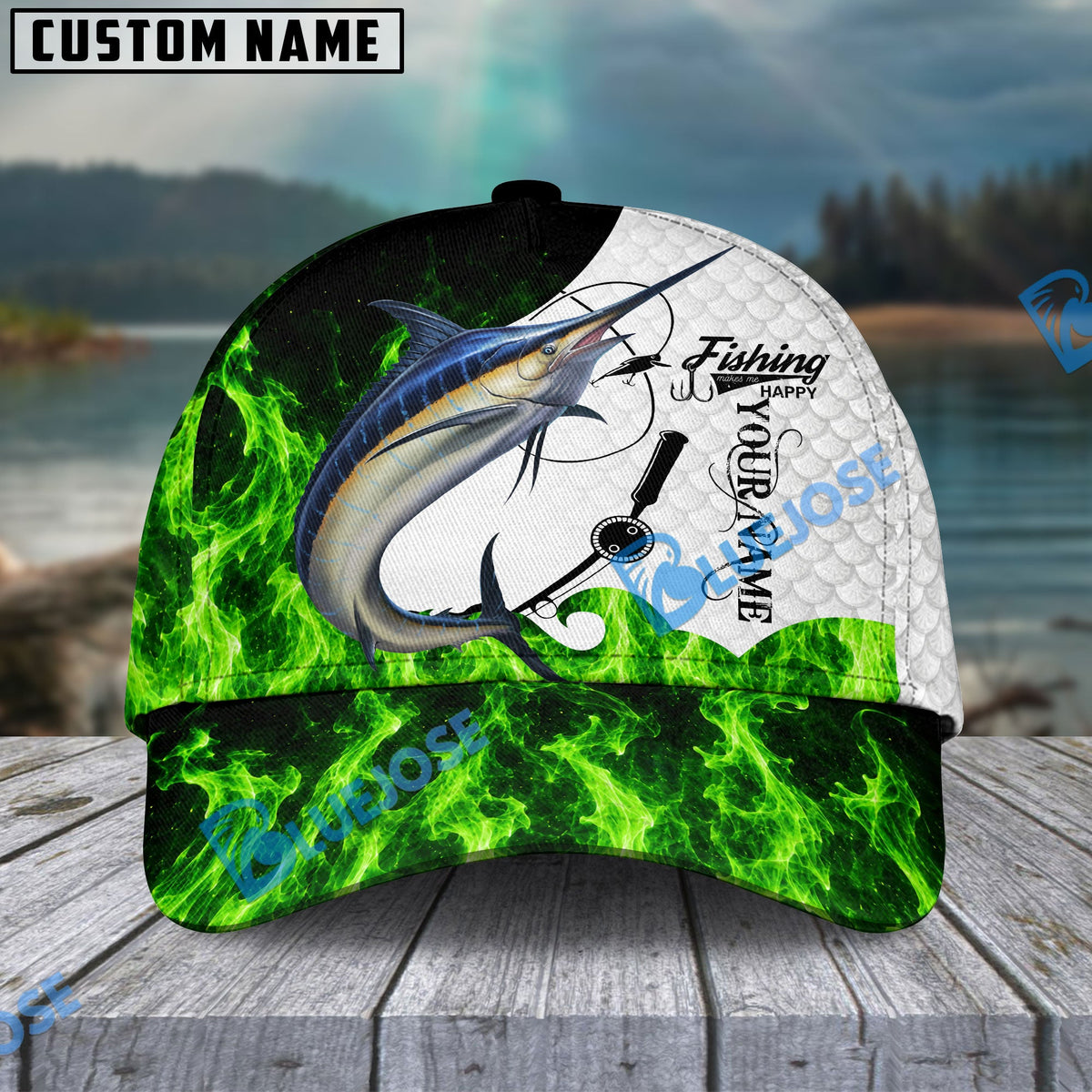BlueJose Fishing Water Green Flame White Scale Personalized Name Classic 3D Cap (13 Breeds)
