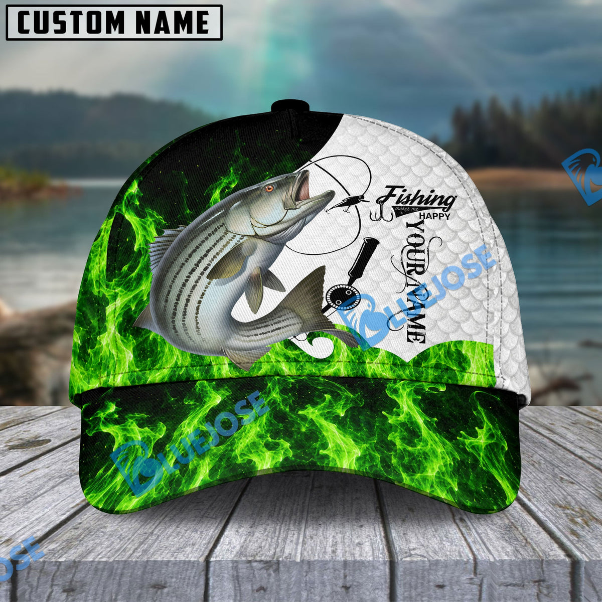 BlueJose Fishing Water Green Flame White Scale Personalized Name Classic 3D Cap (13 Breeds)