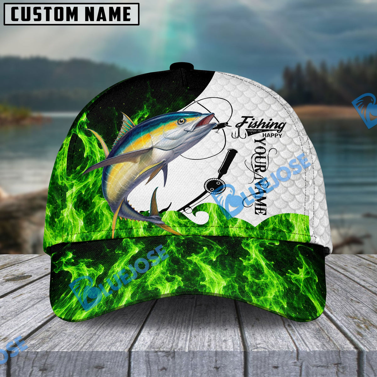 BlueJose Fishing Water Green Flame White Scale Personalized Name Classic 3D Cap (13 Breeds)